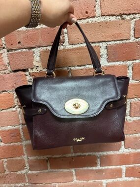 Coach Pebbled Leather Satchel in Deep Burgundy with Gold Hardware